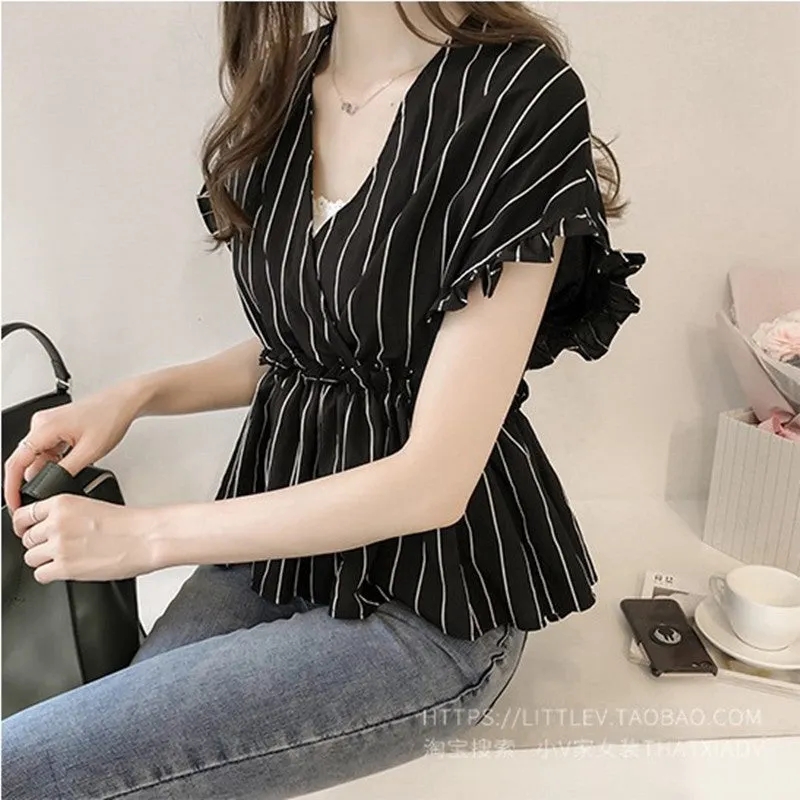 Summer Trendy Ruffle Short Sleeve V-Neck Striped Blouse Feminine Elegant Slim Look Korean Shirt Blouse