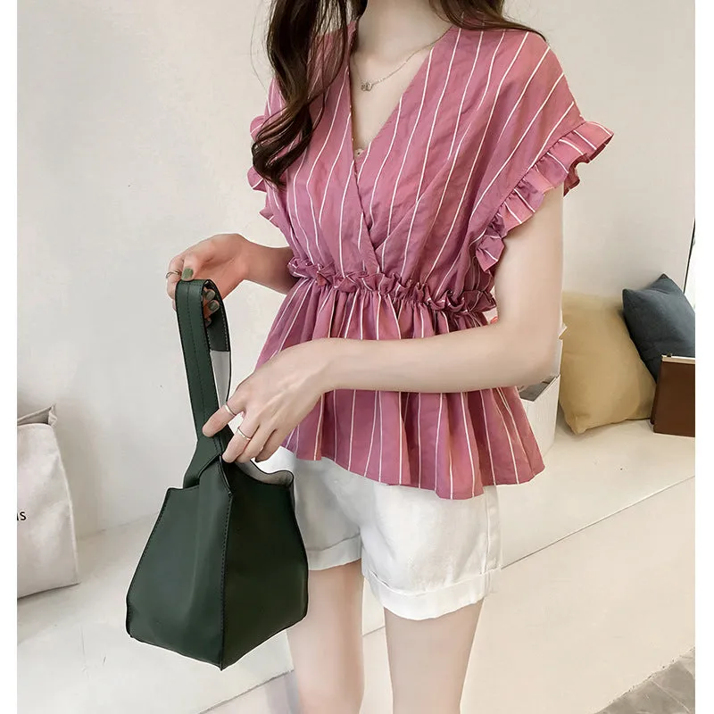 Summer Trendy Ruffle Short Sleeve V-Neck Striped Blouse Feminine Elegant Slim Look Korean Shirt Blouse