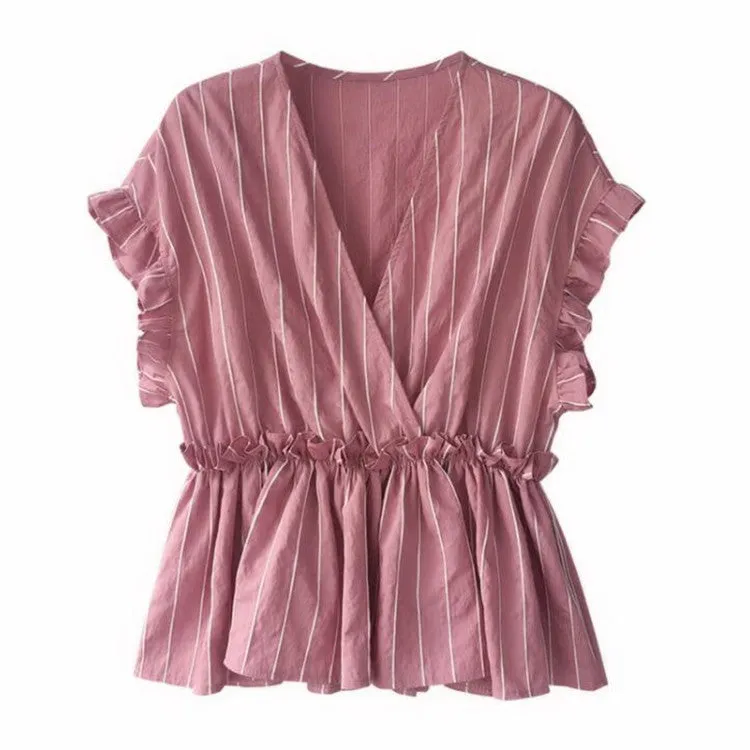 Summer Trendy Ruffle Short Sleeve V-Neck Striped Blouse Feminine Elegant Slim Look Korean Shirt Blouse