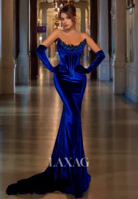 Velvet Royal Blue Winter Long Formal Evening Dress Trumpet&Mermaid Strapless Prom Dress