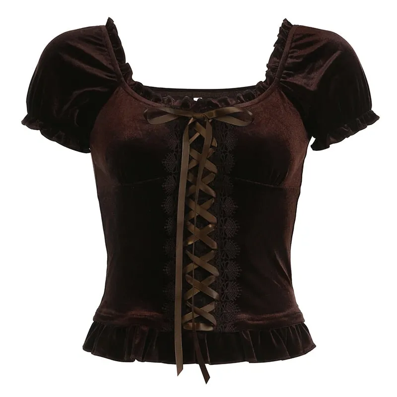 Vintage Brown Elegant Lace Ruffles Top