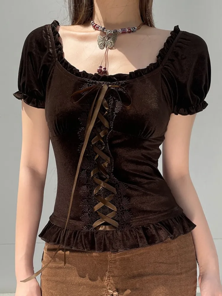 Vintage Brown Elegant Lace Ruffles Top