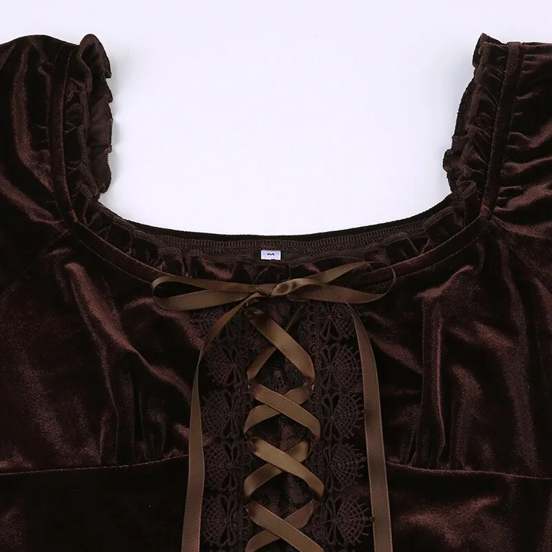 Vintage Brown Elegant Lace Ruffles Top