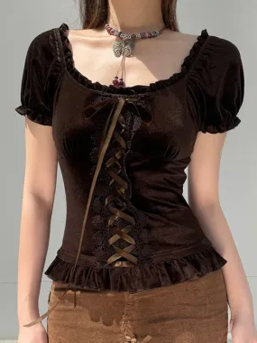 Vintage Brown Elegant Lace Ruffles Top