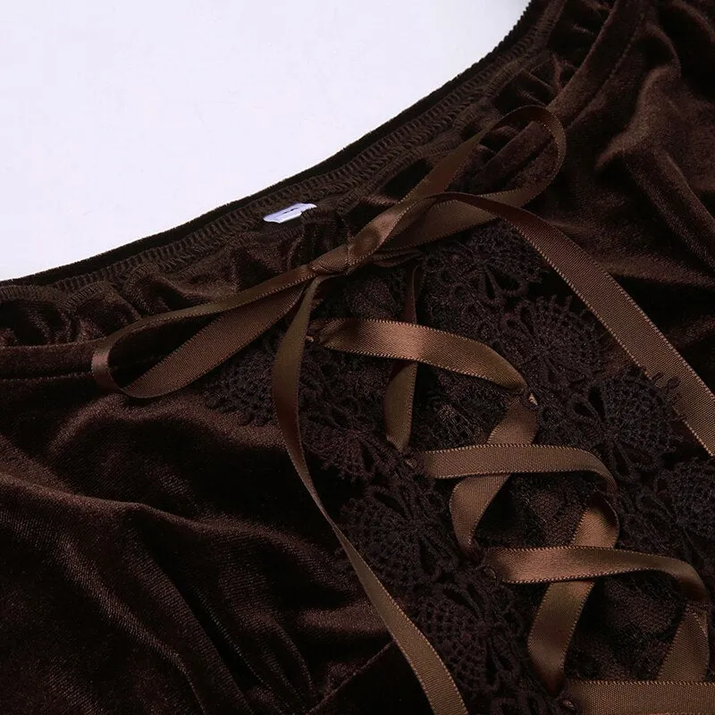Vintage Brown Elegant Lace Ruffles Top