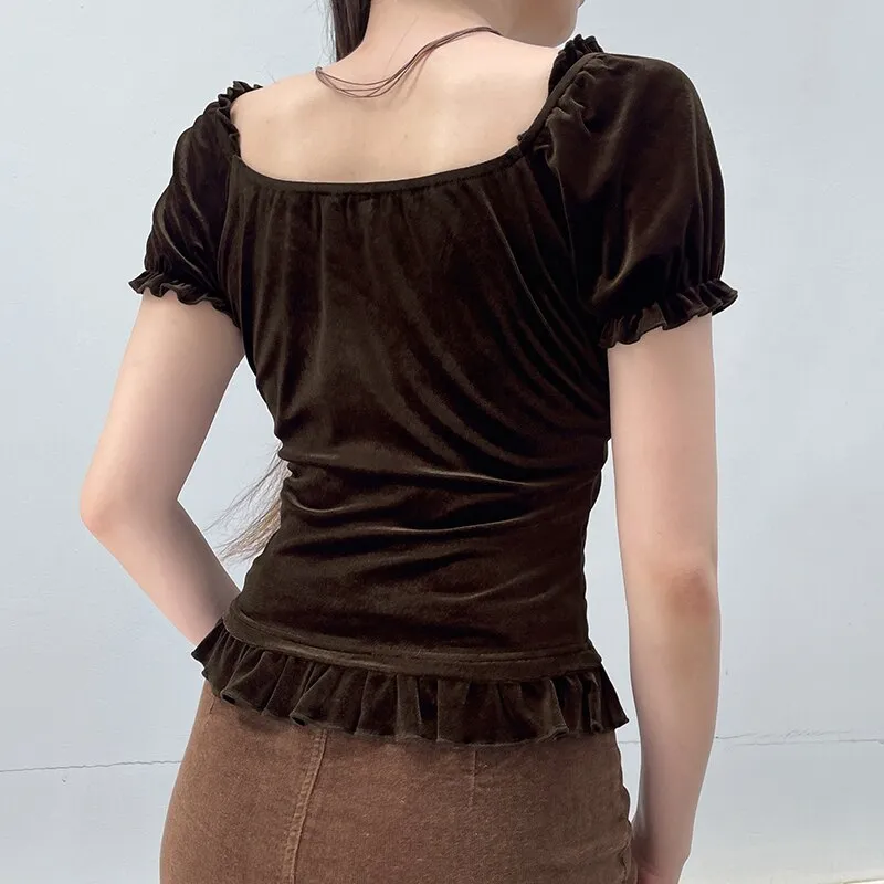 Vintage Brown Elegant Lace Ruffles Top
