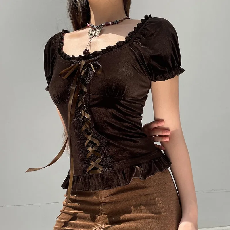 Vintage Brown Elegant Lace Ruffles Top