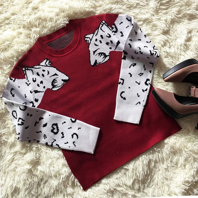 Women's Autumn/Winter Casual Warm Knitted Sweater With Animal Print